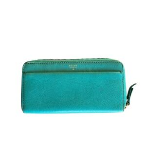 Fossil Women's Teal Zip Wallet Pebbled Leather 8 in